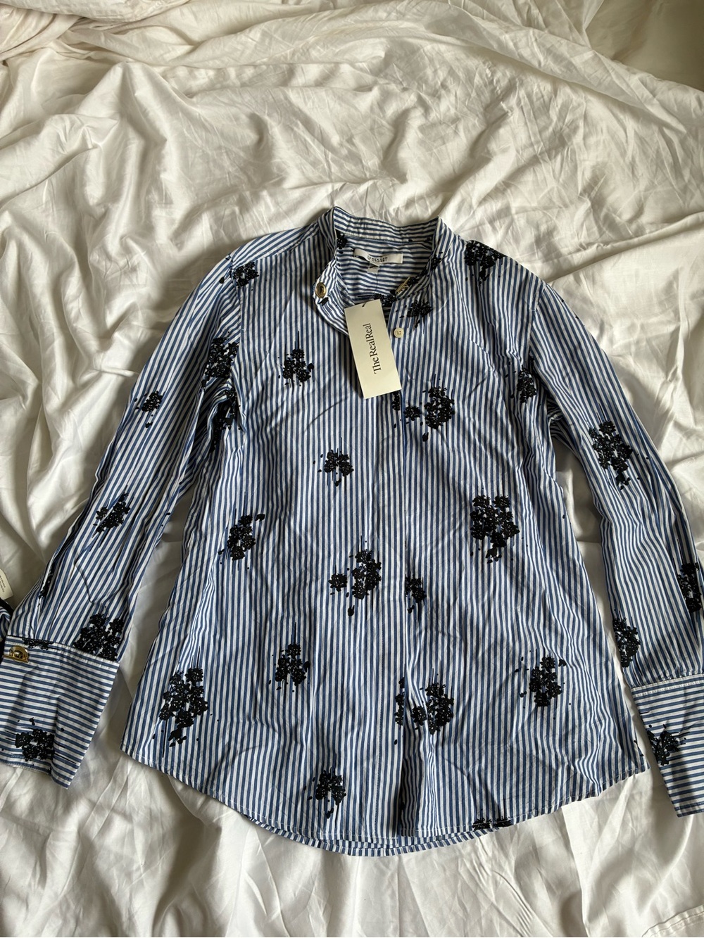 Derek Lam Blue and White Striped Button-Up Blouse and dress with Floral appliqué